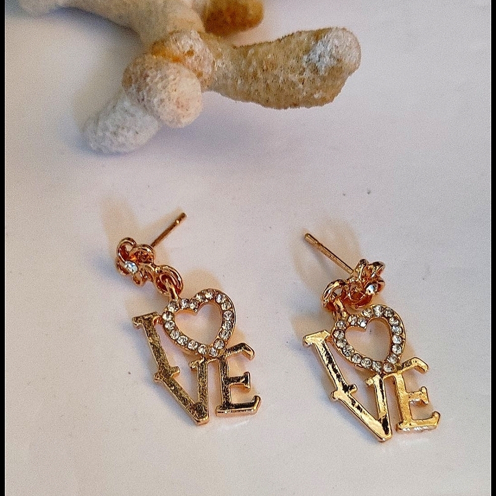 Gold Filled LOVE Dangle Earrings with Rhinestone